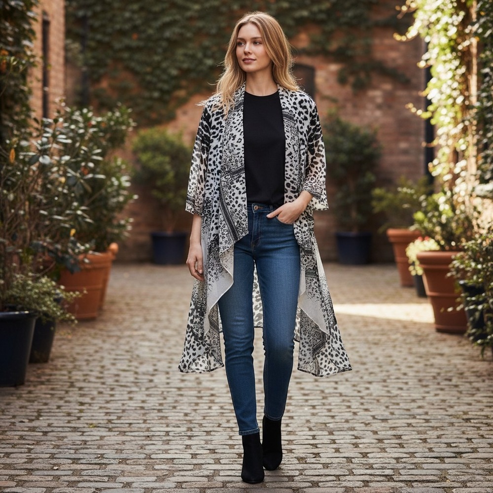 Animal Print Open Front Cardigan Kimono Sheer Black White Boho Drape Metallic‎
